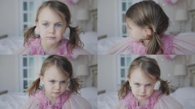 心烦意乱的童女肖像看着相机，眼睛里带着悲伤和怨恨，孩子哭泣，消极的坏心情概念