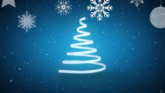 蓝丝带和雪花形成的圣诞树动画