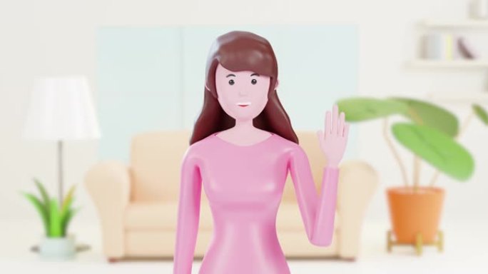 女商人的3d肖像向相机问好或再见。