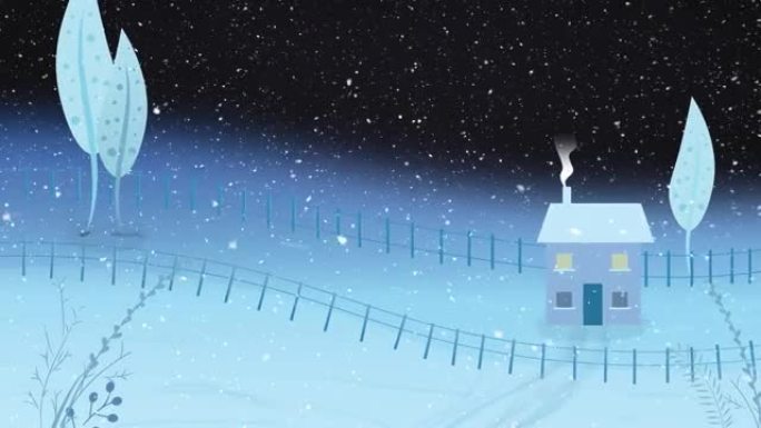 积雪落在房屋和冬季景观上的动画