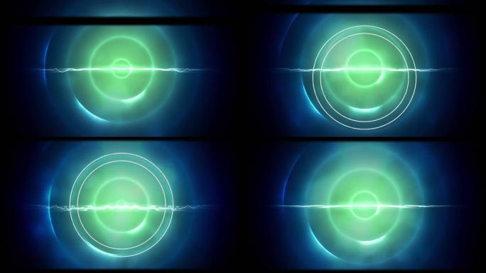 蓝色空间中的磁带卷轴和发光圆圈的动画