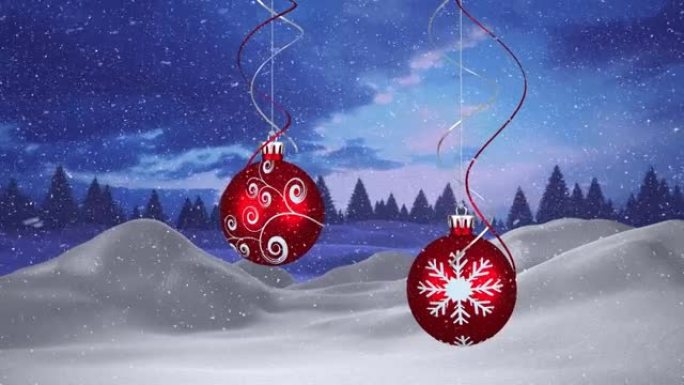 雪花落在红色圣诞节小玩意装饰上的动画