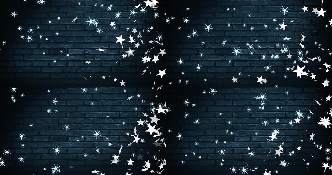 圣诞节雪花和星星掉落在黑砖背景上的动画