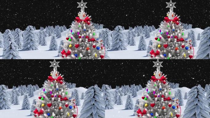 圣诞树和枞树上的积雪和冬季景观的动画