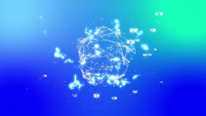蓝色背景上的全球连接网络和发光白色液体光的动画