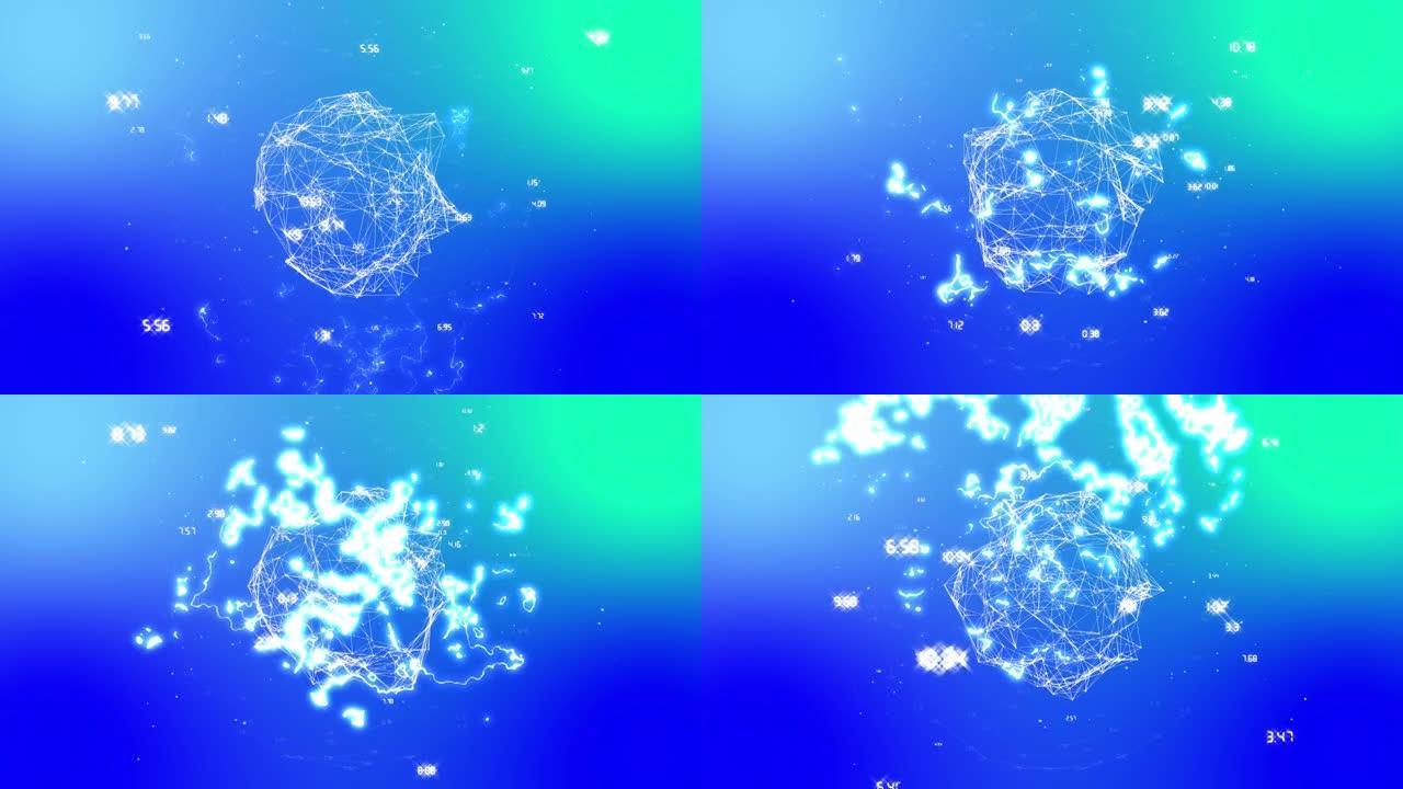 蓝色背景上的全球连接网络和发光白色液体光的动画