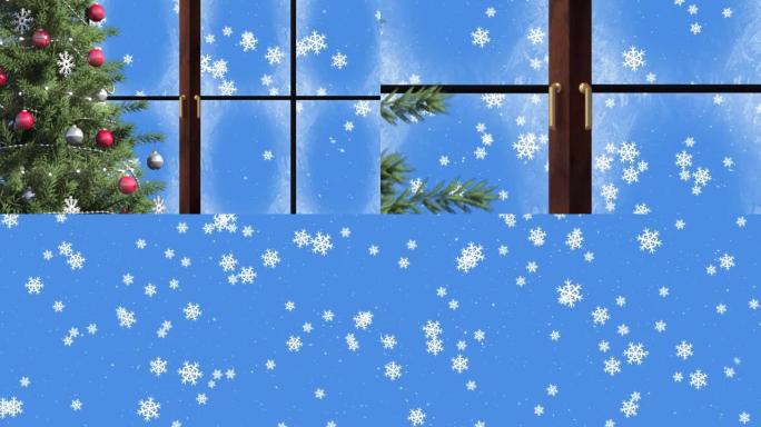 雪花飘落的窗户和圣诞树的动画