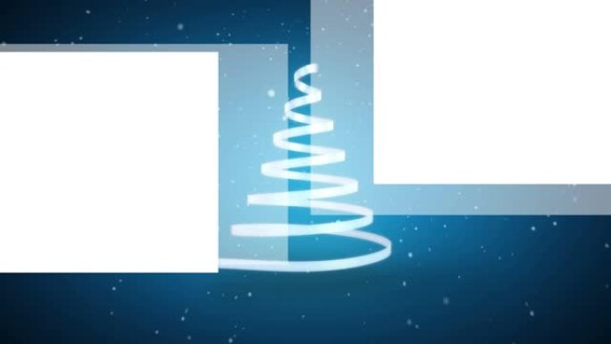 雪落在丝带上，形成了一棵圣诞树，与蓝色背景上的抽象方形形状形成