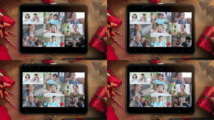 亚洲家庭关系的视频蒙太奇结合人们挥舞着双手和幸福一起微笑看着平板电脑上的相机躺在木地板上，带有圣诞节