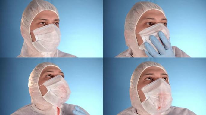 实验室技术员穿着工作服，口罩，手套，感染病毒，咳血