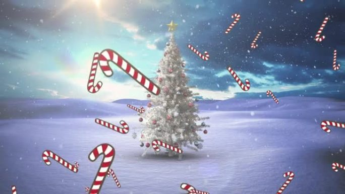 多个糖果藤图标和雪落在蓝天下的冬季景观上的圣诞树上