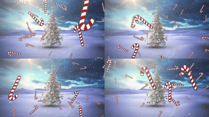 多个糖果藤图标和雪落在蓝天下的冬季景观上的圣诞树上