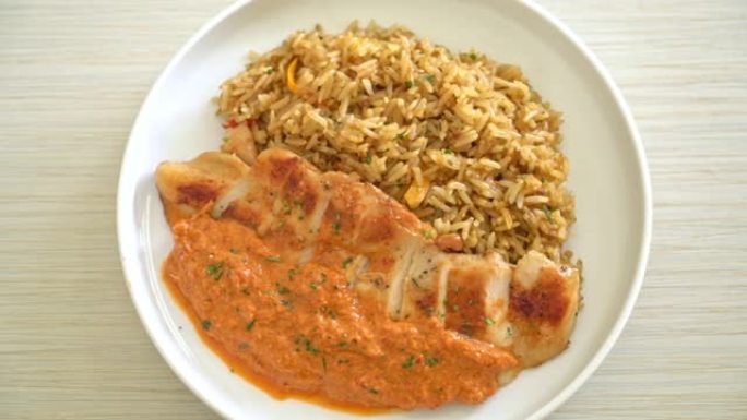 烤鸡排配红咖喱酱和米饭-清真食物风格