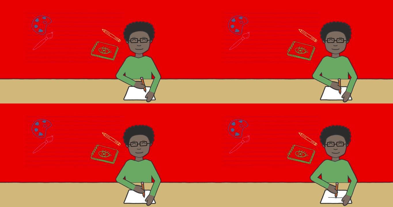 小学生在红色背景上的学校项目图标上做笔记的动画