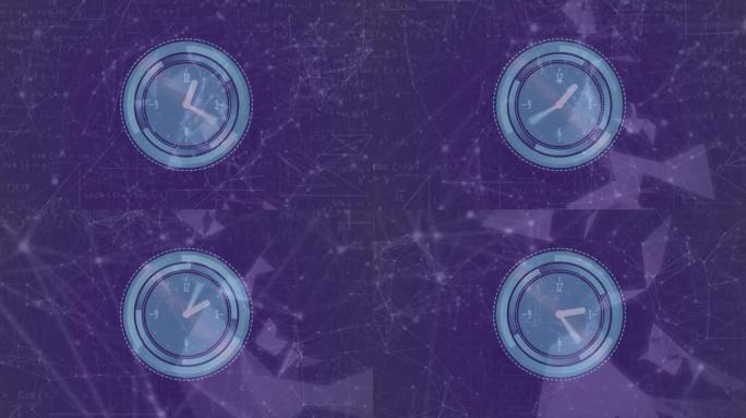 紫色背景上连接网络上的时钟动画