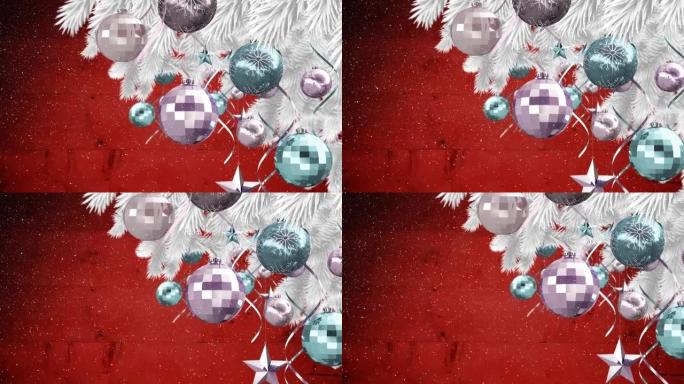 杉木树枝和圣诞节装饰的动画飘落的雪
