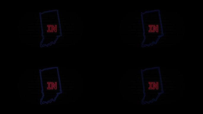 发光的霓虹灯线印第安纳州字母孤立在黑色背景。美国。动画地图显示从美国印第安纳州