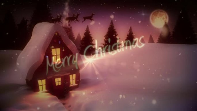 圣诞快乐的文字和雪花落在夜空的冬季景观上