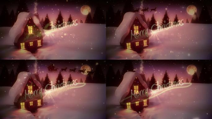 圣诞快乐的文字和雪花落在夜空的冬季景观上