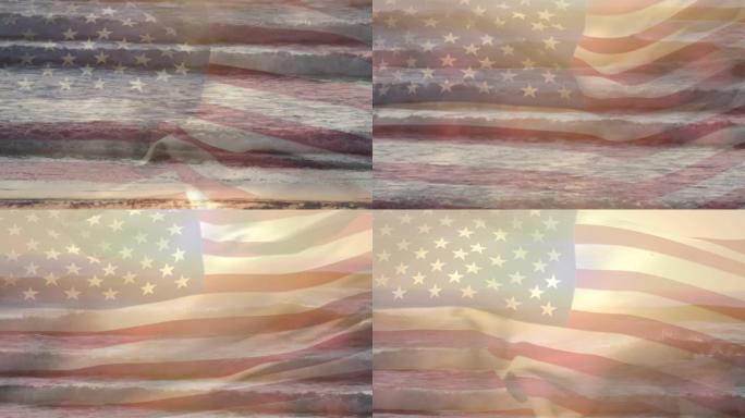 在海中波浪的鸟瞰图中挥舞美国国旗的数字构图