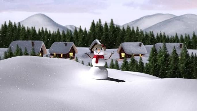 雪落在雪女人身上，冬天的风景上有多棵树和房屋
