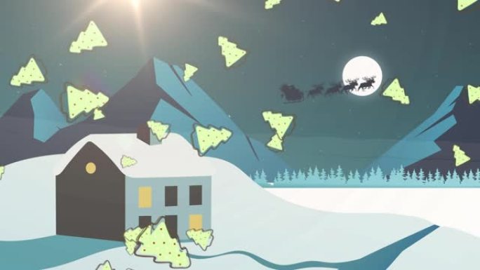 多个圣诞树图标落在带有房屋和山脉的冬季景观上
