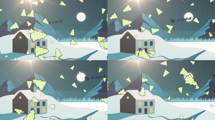 多个圣诞树图标落在带有房屋和山脉的冬季景观上