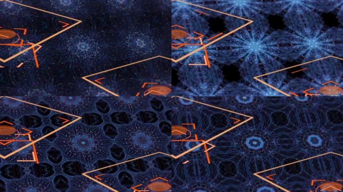 黑色背景上的蓝色万花筒和橙色几何形状的动画