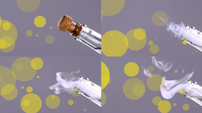 从瓶子上爆炸的香槟软木塞上掉落的黄色斑点的动画