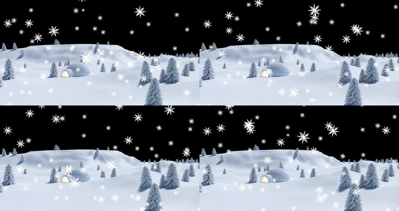 夜间冬季景观中的雪落在冰屋上的动画