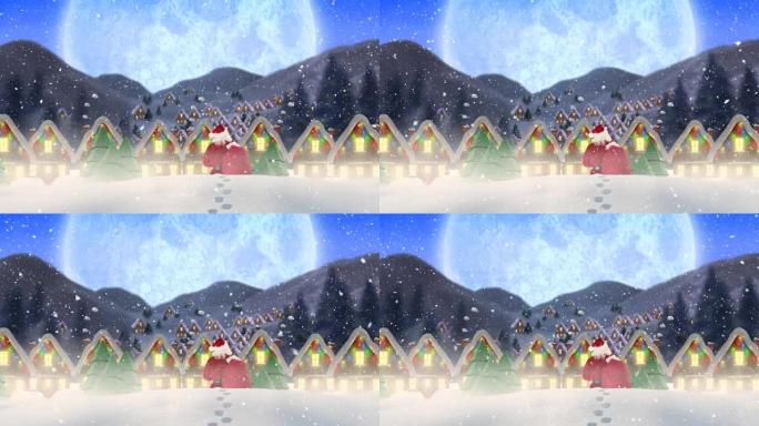 雪落在圣诞老人和冬季景观上的多座房屋和树木的后视上