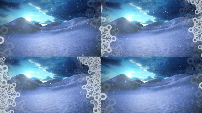 雪花在雪花上形成框架，飘落在蓝天的冬季景观上