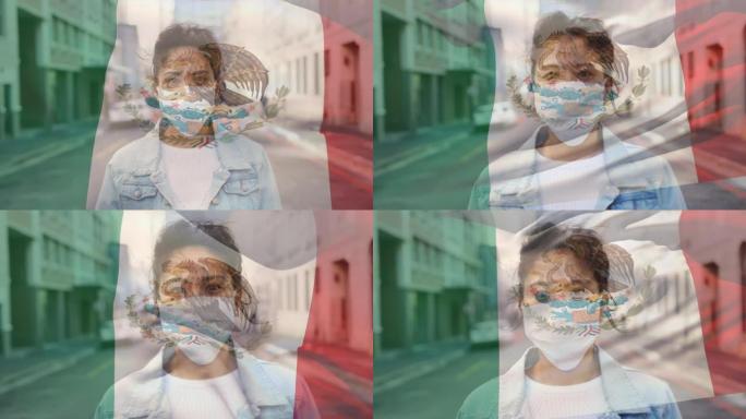 在covid 19大流行期间，墨西哥国旗挥舞着戴着口罩的女人的动画