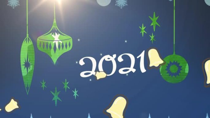 动画2021年文本，圣诞装饰品和雪落在蓝色背景上