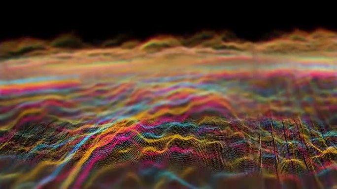 未来抽象线红黄水元素球波形振荡，可视化波技术数字表面与粒子星