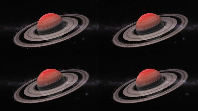 土星在太空。土星在太阳系中缓慢旋转。宇宙中的天然气巨人。有环和小行星的大行星。电影宇宙。星际星系。土