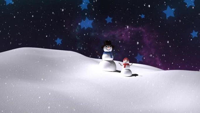 雪落在雪人和婴儿雪人的冬季景观上，蓝色星星图标