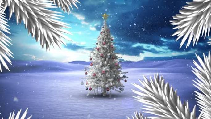 圣诞树树枝上的雪花落在冬天的白色圣诞树上