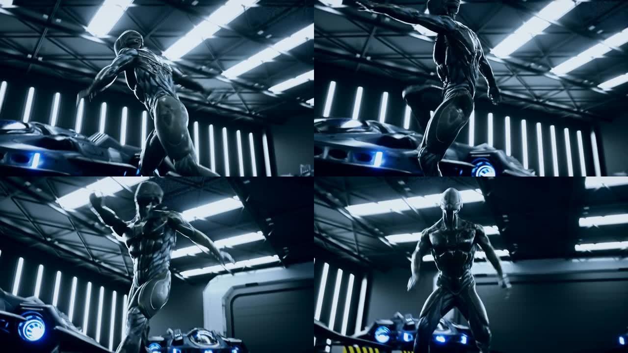 未来主义军事太空士兵在军事太空基地跳舞。逼真的4k动画。