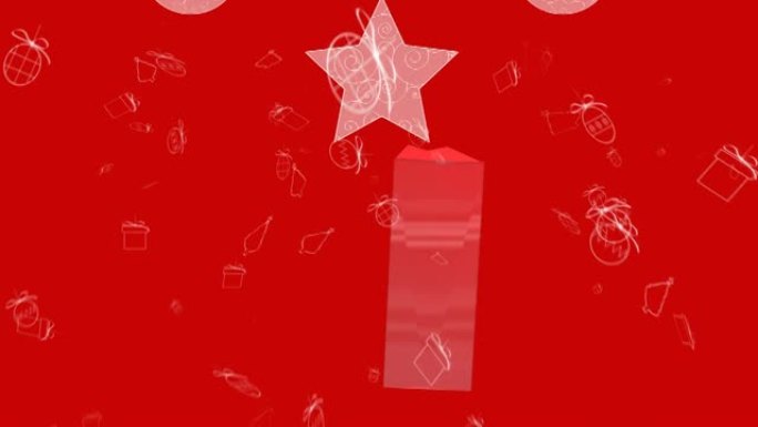 红色背景购物袋上的圣诞小摆设和明星悬挂在销售上的文字