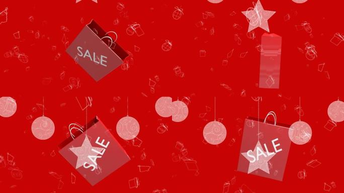 红色背景购物袋上的圣诞小摆设和明星悬挂在销售上的文字