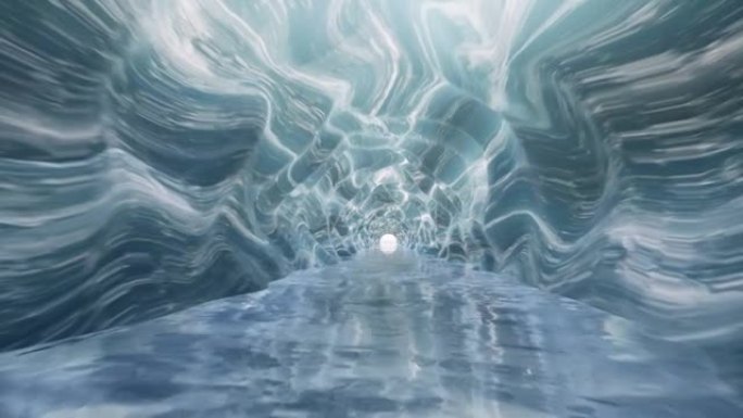 在深卷曲的风景4k上缓慢穿越蓝色冰洞