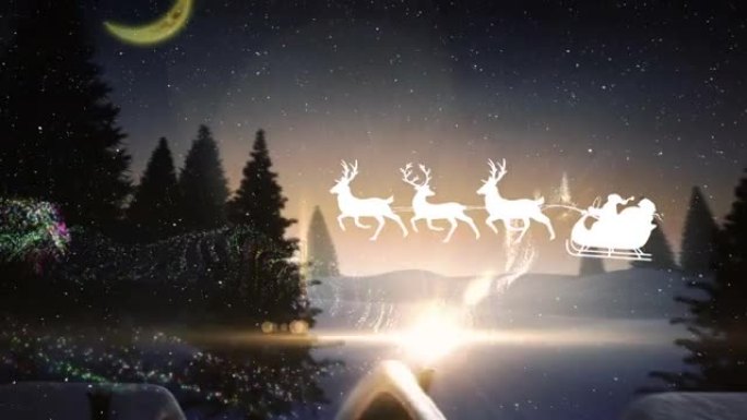 节日快乐的动画冬季风景和驯鹿圣诞老人