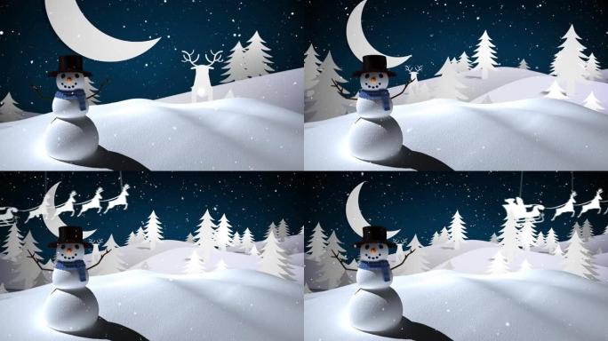 雪落在雪人的冬季景观上，在夜空中面对月亮
