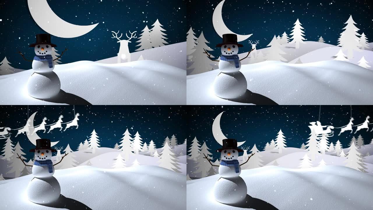 雪落在雪人的冬季景观上，在夜空中面对月亮