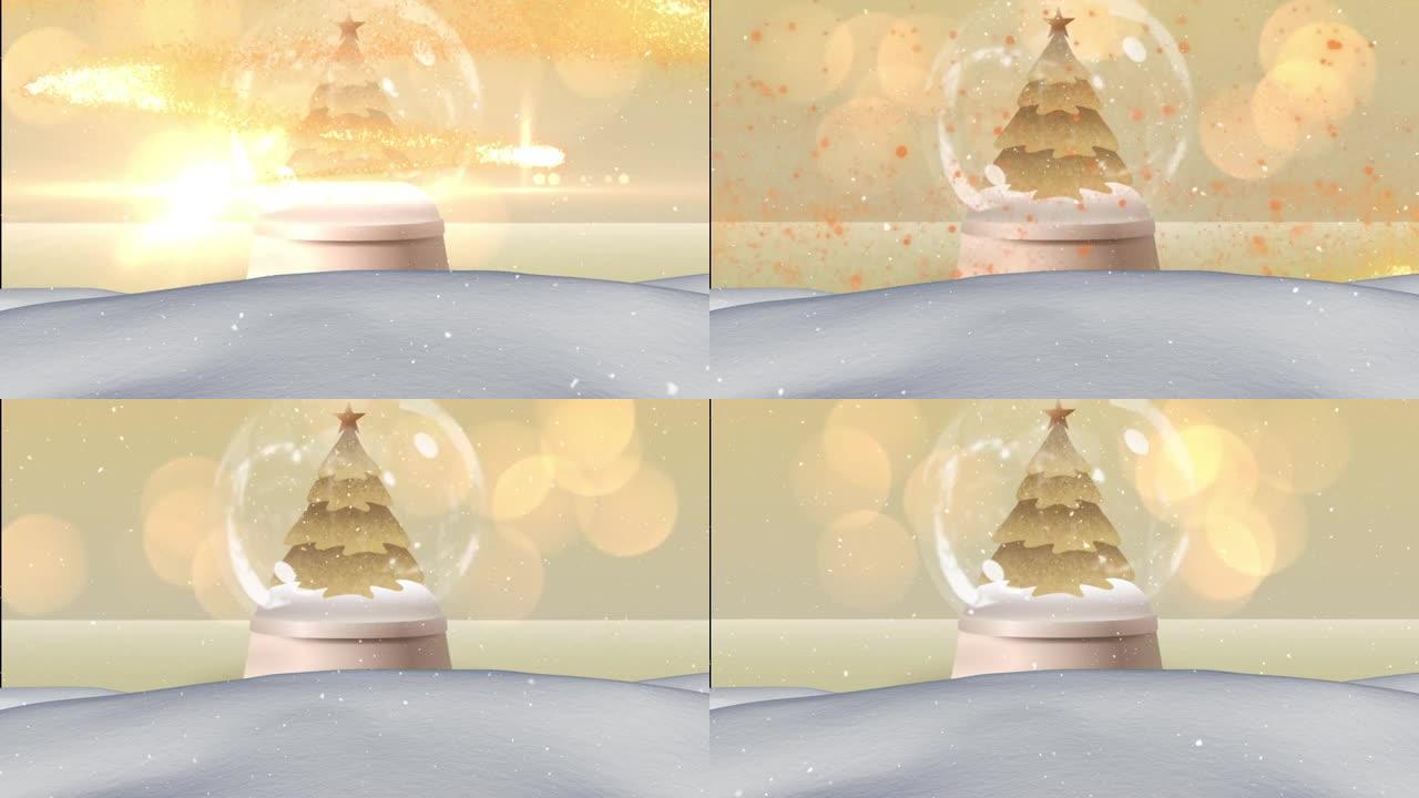 雪花飘落在冬天的风景在圣诞树周围的流星在雪花球