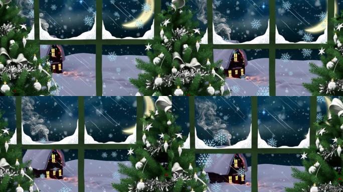 透过窗户看到圣诞仙女灯的雪落在房子上的动画