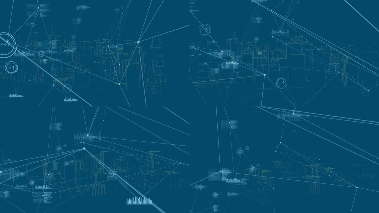 蓝色背景上的城市连接网络和数据处理动画