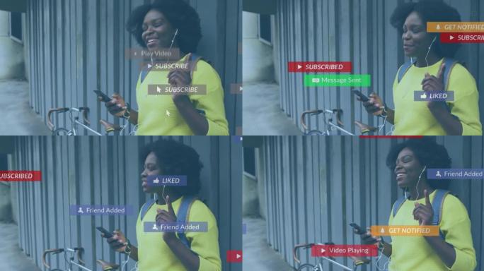 在街上使用智能手机的快乐非裔美国妇女的社交媒体通知动画