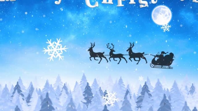 圣诞快乐的动画冬季风景和驯鹿圣诞老人